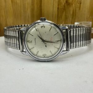 Clinton Men’s Vintage Stainless Steel Expansion Band Watch Silver Dial